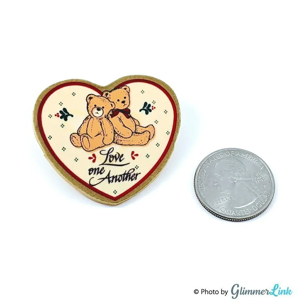 Vintage Love One Another Teddy Bears Heart Brooch